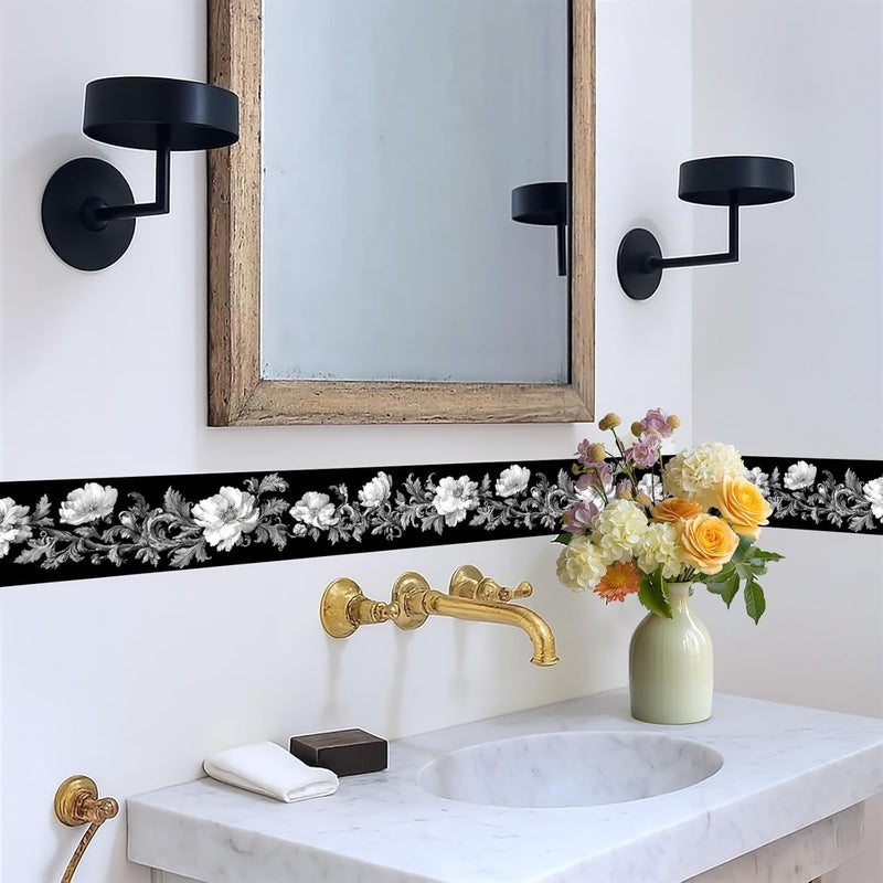 IOHEFY Black White Floral Wallpaper Border 196x4 Inch Removable Wall Border Peel and Stick Rose Flower Design for Bedroom Bathroom Living Room Kitchen Wall Trim Decor Elegant Vintage Style - Image 3